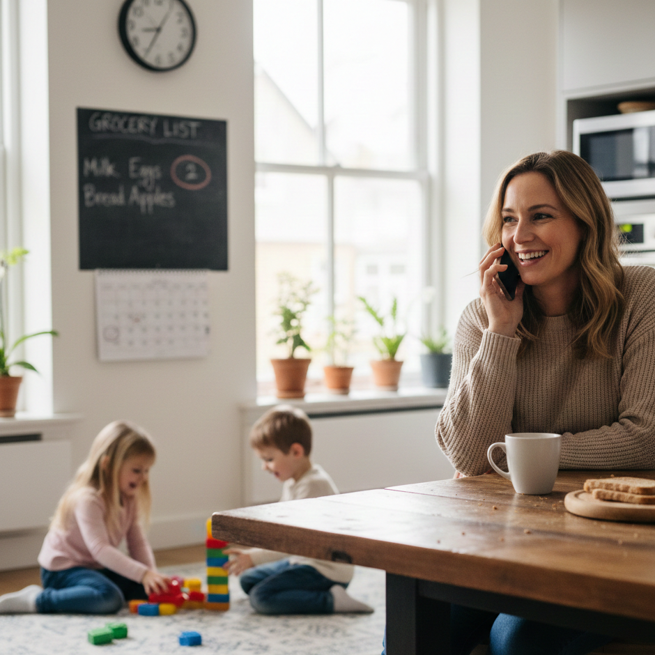 Woman sitting at table on the phone